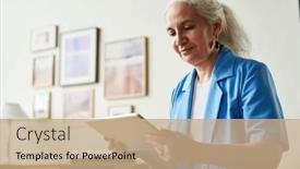  Presentation with data analyst - PPT layouts with smiling-mature-female-broker background and a coral colored foreground