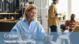  Presentation with chat - Slide deck enhanced with smiling-mature-female-customer background and a teal colored foreground