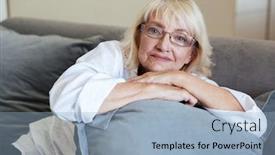 Presentation with lady - Theme with smiling mature lady sitting on a couch and leaning on a pillow at home background and a light blue colored foreground