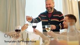  Presentation with members - Colorful slide deck enhanced with smiling-mature-man-clinking backdrop and a coral colored foreground