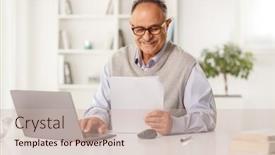  Presentation with paper - Slide deck with smiling-mature-man-holding background and a soft green colored foreground