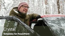  Presentation with car door - Slide deck having smiling-mature-man-in-eyeglasses background and a tawny brown colored foreground