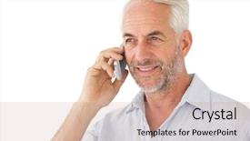  Presentation with phone - Amazing slides having smiling mature man using mobile backdrop and a  colored foreground