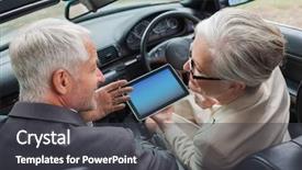  Presentation with classy - Amazing PPT layouts having smiling mature partners working together on tablet in classy car on a bright day backdrop and a dark gray colored foreground