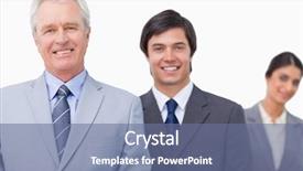  Presentation with salesman - Theme with smiling mature salesman with his employees against a white background background and a ocean colored foreground