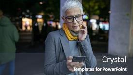  Presentation with night city - Presentation design with smiling-mature-senior-woman background and a ocean colored foreground