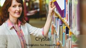  Presentation with university library - PPT theme with smiling mature student in the library at the university background and a coral colored foreground