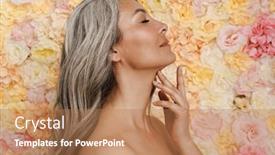  Presentation with floral - PPT theme having smiling-mature-topless-woman-standing background and a coral colored foreground