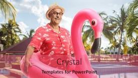  Presentation with swimming pool - PPT layouts with smiling-mature-tourist and a coral colored foreground
