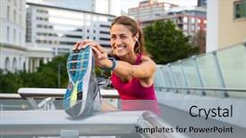  Presentation with woman runner - Amazing PPT layouts having smiling mature woman doing stretching backdrop and a light gray colored foreground