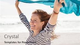  Presentation with seashore - Presentation design enhanced with smiling-mature-woman-holding-blue background and a soft green colored foreground