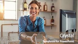 Presentation with electronic card - Amazing presentation design having smiling mature woman holding terminal backdrop and a coral colored foreground