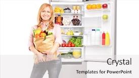  Presentation with refrigerator - PPT layouts having smiling business lady with long dark hair looking at her tablet screen touching it and smiling concept of good mood at work and its benefits for productivity background and a light gray colored foreground