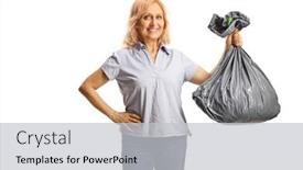  Presentation with plastic waste - Slide deck enhanced with smiling-mature-woman-holding background and a light gray colored foreground