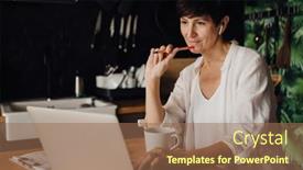  Presentation with mature students sitting at desks - Slide deck enhanced with smiling-mature-woman-in-earphones background and a coral colored foreground