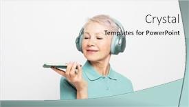  Presentation with older woman - Slide set having smiling-mature-woman-in-headphones background and a white colored foreground