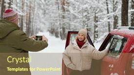  Presentation with car picture - Presentation design featuring smiling-mature-woman-in-winterwear background and a coral colored foreground