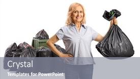  Presentation with plastic waste - Presentation theme with smiling-mature-woman-throwing background and a gray colored foreground