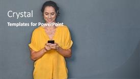  Presentation with happy smiling woman dental health - Amazing slide deck having smiling mature woman using smartphone isolated on gray wall with copy space happy latin woman in casual typing on cellphone over grey background portrait of cheerful middle aged lady messaging backdrop and a gray colored foreground