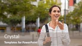  Presentation with entrepreneur - Amazing slide set having smiling-mature-woman-using-vocal backdrop and a gray colored foreground