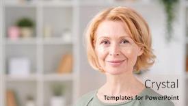  Presentation with eye - Cool new slides with smiling-mature-woman-with-under backdrop and a lemonade colored foreground