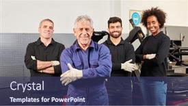  Presentation with mechanic - Amazing PPT theme having smiling-mechanic-and-mechatronics-team backdrop and a ocean colored foreground