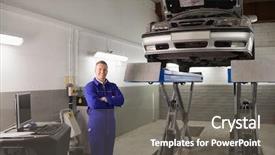 Presentation with height - Colorful slide set enhanced with smiling mechanic arms crossed next to a car on height in a garage backdrop and a gray colored foreground
