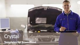  Presentation with garage car - Presentation design consisting of smiling mechanic holding a clipboard next to a car in a garage background and a gray colored foreground