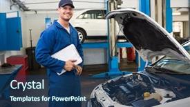  Presentation with mechanic repair - Presentation design enhanced with smiling mechanic holding a clipboard at the repair garage background and a ocean colored foreground