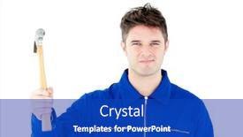  Presentation with mechanic - Colorful slide deck enhanced with smiling mechanic holding a hammer looking at the camera against white background backdrop and a royal blue colored foreground