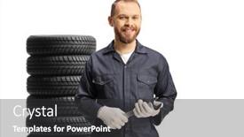  Presentation with tires - Slides consisting of smiling-mechanic-in-a-uniform background and a dark gray colored foreground