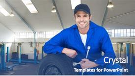  Presentation with tire - Beautiful slide deck featuring smiling mechanic leaning backdrop and a  colored foreground