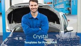  Presentation with mechanic repair - Presentation theme consisting of smiling mechanic looking at camera at the repair garage background and a ocean colored foreground