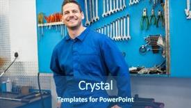  Presentation with mechanic repair - Cool new PPT theme with smiling mechanic looking at camera at the repair garage backdrop and a ocean colored foreground