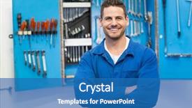  Presentation with mechanic repair - Slide deck with smiling mechanic looking at camera at the repair garage background and a teal colored foreground