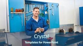  Presentation with mechanic repair - Beautiful theme featuring smiling mechanic looking at camera at the repair garage backdrop and a ocean colored foreground