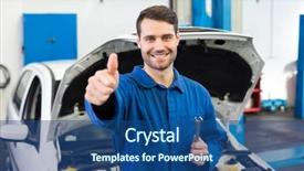 Presentation with mechanic repair - Theme featuring smiling mechanic looking at camera at the repair garage background and a ocean colored foreground