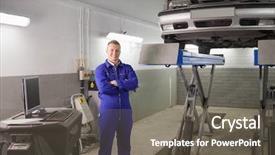  Presentation with garage car - Slide deck with smiling mechanic standing next to a car in a garage background and a gray colored foreground