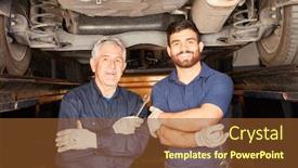  Presentation with music master tape - Audience pleasing PPT theme consisting of smiling-mechanic-team-with-master backdrop and a tawny brown colored foreground