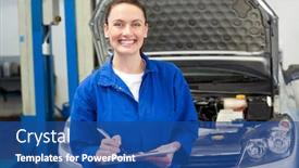  Presentation with mechanic repair - Beautiful presentation featuring smiling mechanic writing on clipboard at the repair garage backdrop and a ocean colored foreground