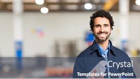  Presentation with mechanical - Cool new slide deck with smiling-mechanical-worker-portrait backdrop and a ocean colored foreground