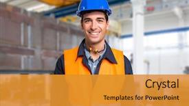  Presentation with mechanical - Beautiful theme featuring smiling mechanical worker portrait backdrop and a gold colored foreground