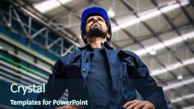  Presentation with mechanical - Amazing presentation design having smiling mechanical worker portrait backdrop and a navy blue colored foreground