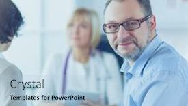  Presentation with patient care - Theme consisting of smiling-medical-doctor-and-patient background and a light blue colored foreground