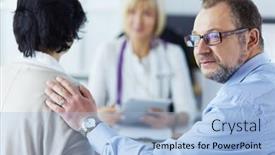  Presentation with patient care - PPT theme consisting of smiling-medical-doctor-and-patient background and a light blue colored foreground