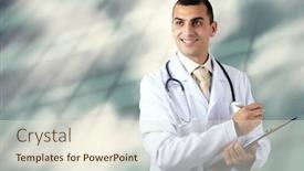  Presentation with medical smiling doctor - Amazing presentation theme having smiling-medical-doctor-with-stethoscope backdrop and a sky blue colored foreground