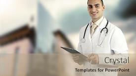  Presentation with medical smiling doctor - PPT theme consisting of smiling-medical-doctor-with-stethoscope background and a coral colored foreground