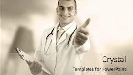  Presentation with doctor in hospital health insurance related icons healthcare person saving medical - Slides having smiling medical doctor with stethoscope background and a  colored foreground