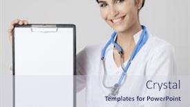 Presentation with medical smiling doctor - Audience pleasing presentation design consisting of smiling medical doctor woman with empty blank in hands backdrop and a sky blue colored foreground