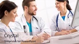  Presentation with medical students - PPT layouts enhanced with smiling medical doctors talk background and a coral colored foreground